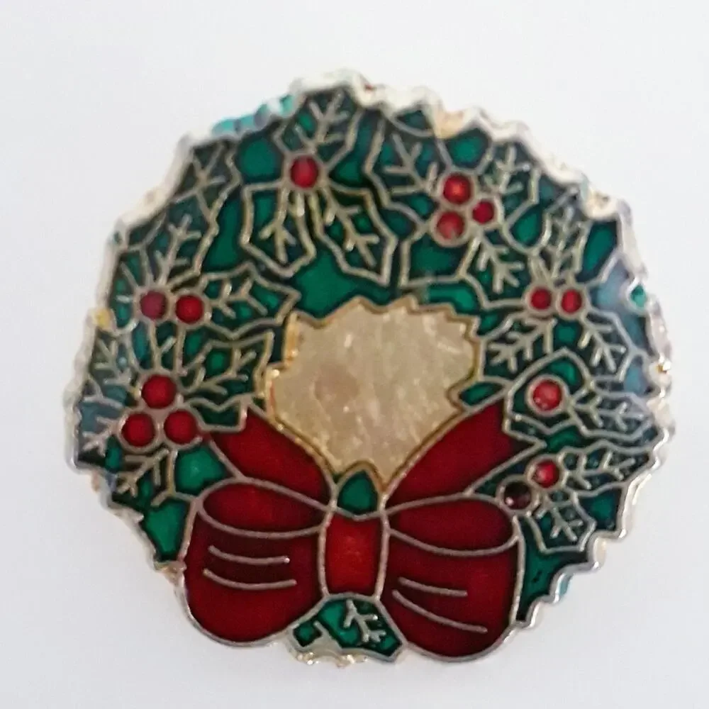 Vintage Christmas Wreath Stud Lapel Pin Red Green